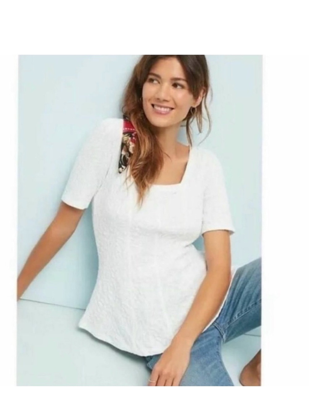 Anthropologie Ett:Twa Wesley White Textured Square-Neck Short Sleeve Top - Large